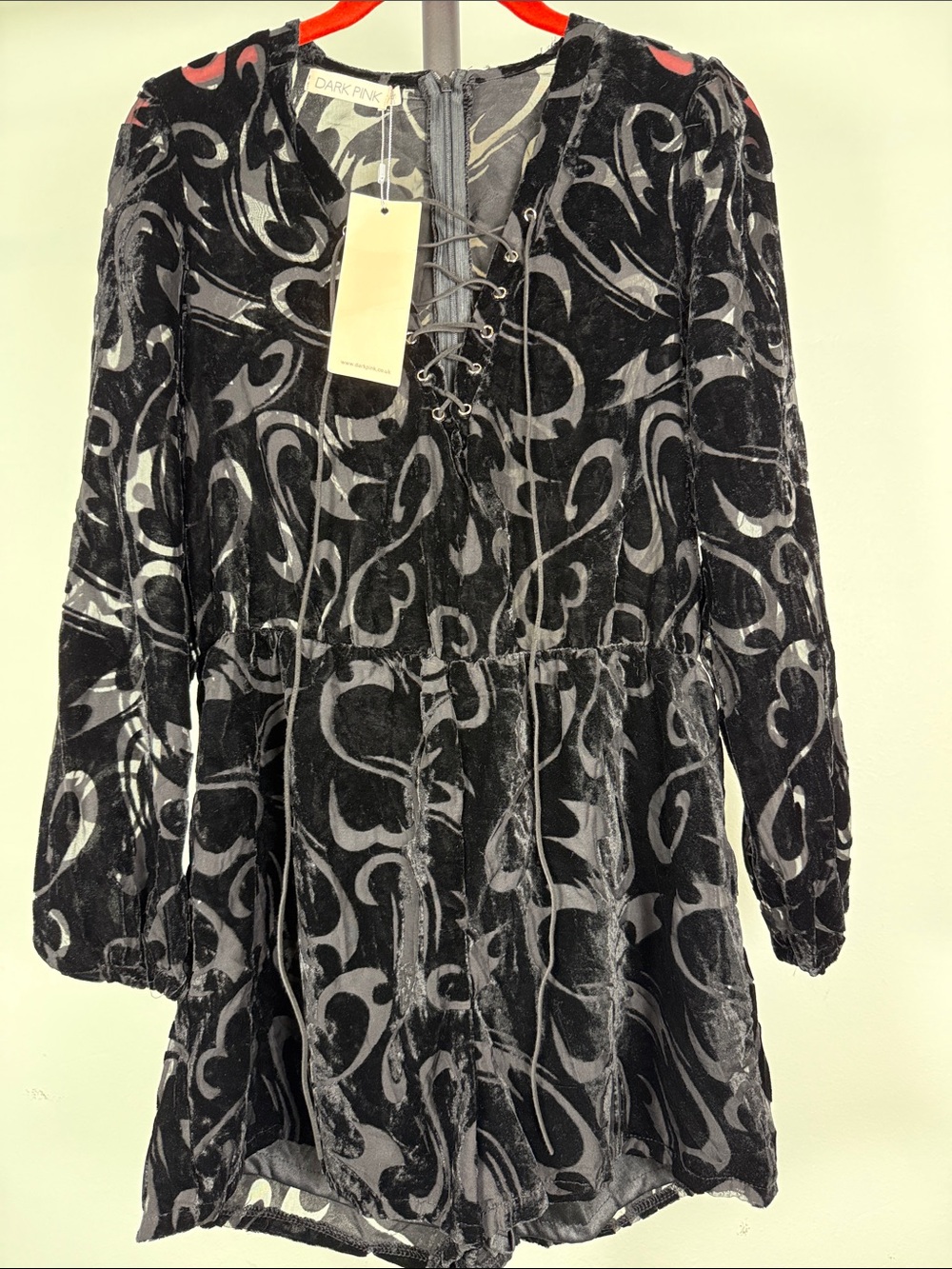 NWT DARK PINK Black Velvet Burnout Lace Up Romper Dress Small Cocktail Edgy